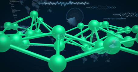 Floating network of neon green spheres connecting by rods in dark blue interface, world map overlay