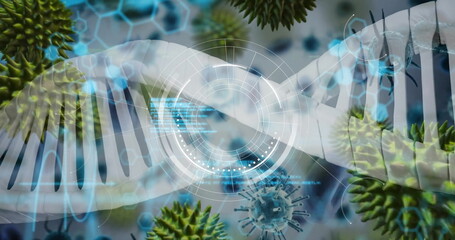 Floating DNA double helix extending across virtual lab, with circular HUD and virus particles