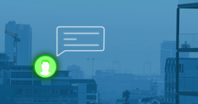 Floating interface elements hovering above office rooftop, with cranes, user icon and chat bubble