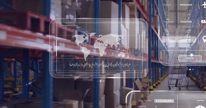Showing warehouse shelving racks displaying digital logistics interface in aisle, with ladder cart