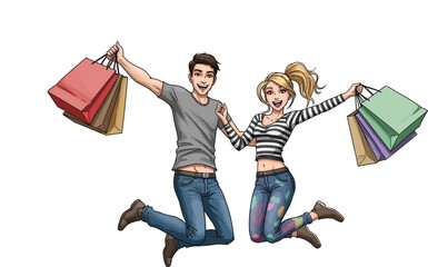 Illustration of a young white couple with jeans jumping with happiness, holding shopping bags, isolated on white background
