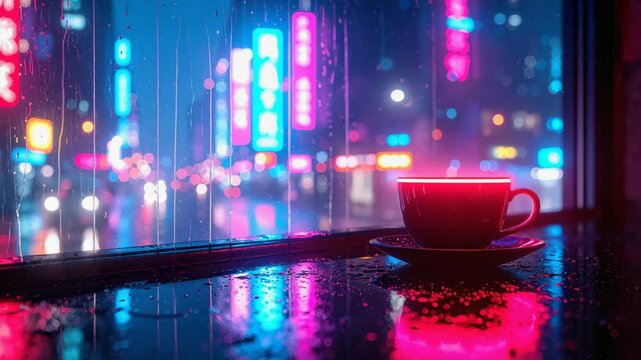 Steaming cup of coffee by the window overlooking rainy cyberpunk city at night.