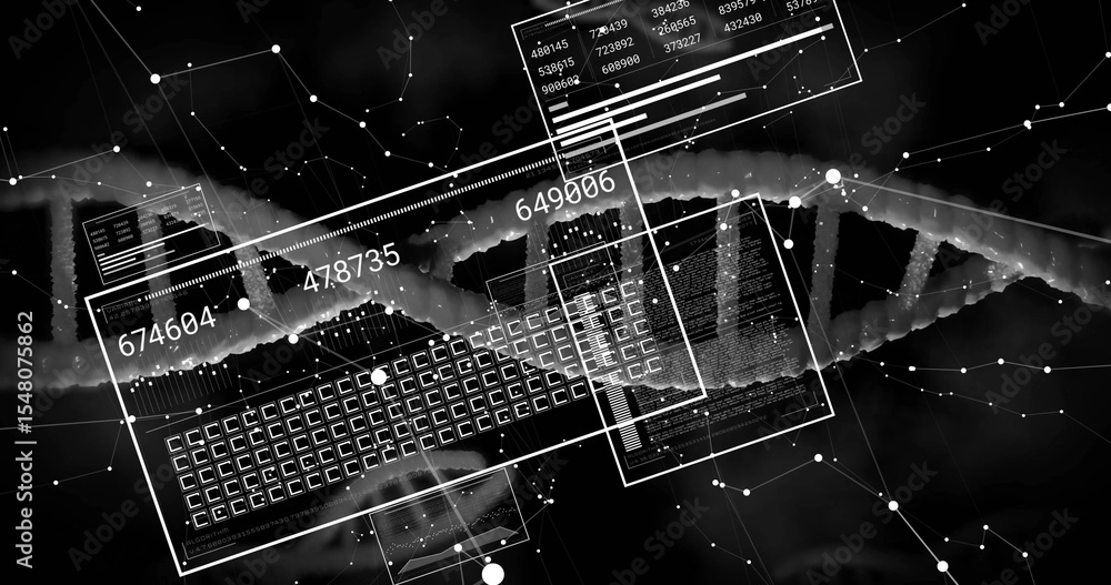 Poster translucent code panels and dna helix overlaying keyboard in dark lab, with network nodes