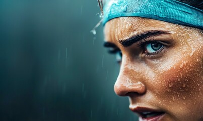 A close-up portrait of a determined woman, drenched in sweat, with water droplets glistening on her face and headband, reflecting intense focus.