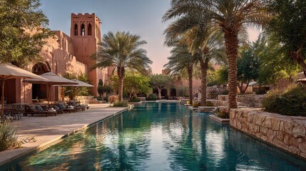 Fototapeta premium Sunlit Middle Eastern luxury resort with palm trees and tranquil pool set against terracotta walls and traditional Arabian architecture