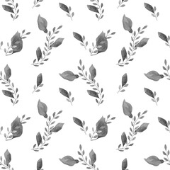 Seamless roses pattern. Watercolor floral background with black and white rose flowers and leaf and branches for textile, wallpapers, home decor
