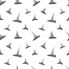 Witches hats background. Seamless watercolor pattern with hand drawn black and white illustrations for halloween decor, textile, kids wallpapers