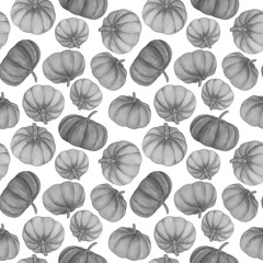 Pumpkins watercolor background. Seamless hand drawn pattern with black and white pumpkins illustration for halloween and autumn decor