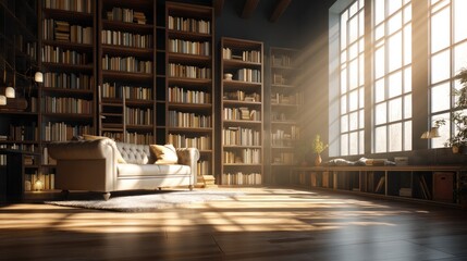 Elegant Library Zoom Background With Cozy Sofa And Sunlight
