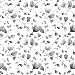 Seamless floral pattern. Watercolor background with black and white roses flower, leaf, branch. Botanical illustration for textile, wrapping