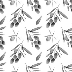 Naklejka premium Seamless olives background. Watercolor botanical pattern with hand drawn black and white illustration of olive fruits, branch with leaves for textile prints, wallpapers