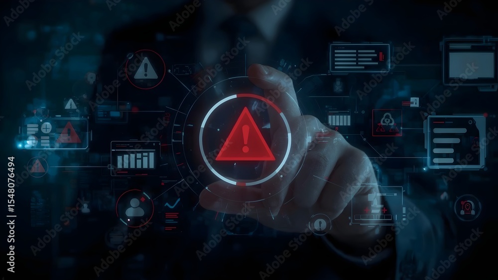 Poster system warning alert on virtual interface with hand interaction. concept of cybersecurity risk, data