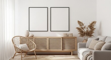 Living room interior with two blank posters 3d render living room mockup