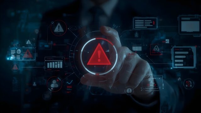 System warning alert on virtual interface with hand interaction. Concept of cybersecurity risk, data breach, malware, hacking, IT failure, and digital system vulnerability in modern technology.