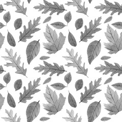 Obraz premium Oak and maple leaves background. Seamless watercolor pattern withblack and white autumn fall leaves for fabric and decor