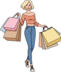Illustration of a slim short haired blonde woman with short sleeved blouse and jeans holding shopping bags, happy, isolated on white background