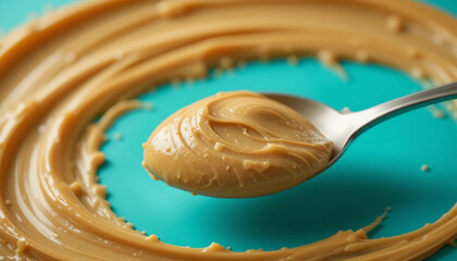 Spoonful of Creamy Peanut Butter on Teal Background .