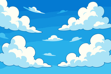 Fluffy white clouds drifting on a blue summer sky background. Picturesque vector cartoon illustration in an anime style. Serene cloudscape scene for a peaceful or dream concept.