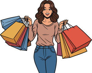 Illustration of a slim brunette woman with jeans and long sleeved blouse holding shopping bags, smiling, isolated on white background