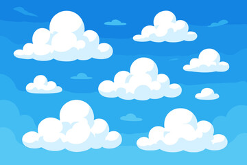 Fluffy white clouds floating in vibrant blue sky background. Vector cartoon illustration of a summer day. Cute simple weather scenery for kids' books, games or wallpaper. Flat style.