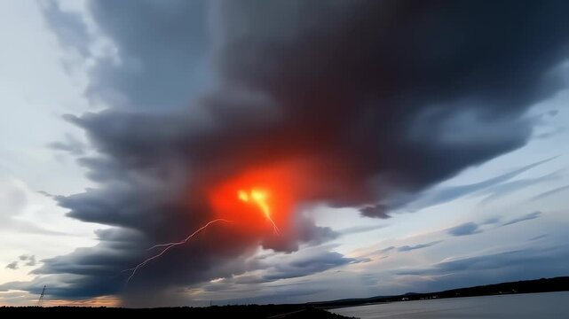 A time-lapse reveals a storm cloud's birth, from subtle charcoal hues to a raging inferno, its lightning illuminating a dark, reflective pool