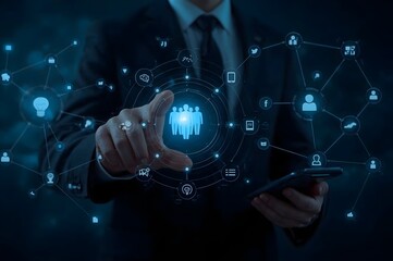 Businessman using digital interface to target customers. Marketing strategy, customer relationship management (CRM), data analytics and business growth through technology.