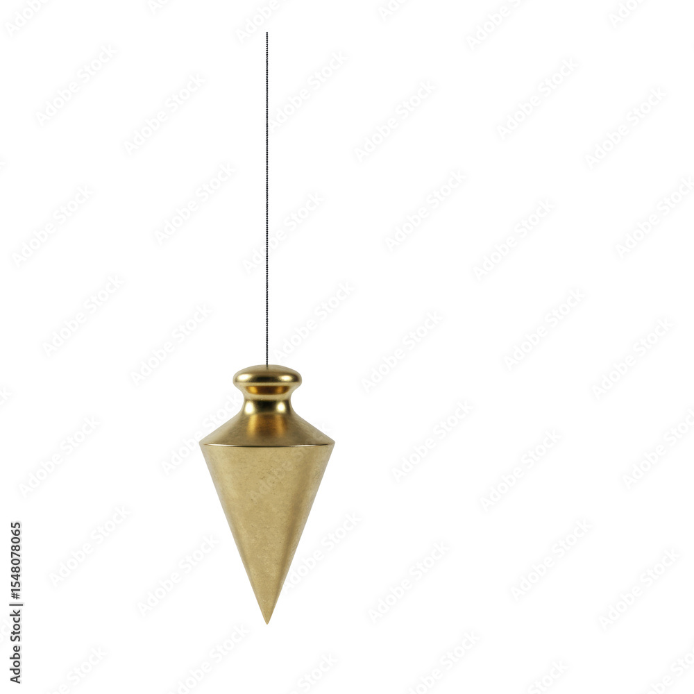 Poster pristine polished brass or chrome-plated conical plumb bob with a taut dark string, perfectly static