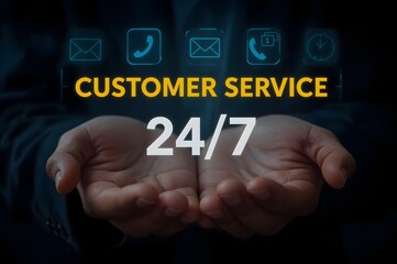 24-7 customer service support concept. Businessman hands holding digital contact icons, including email, phone, and chat, representing communication, accessibility, and online business care.