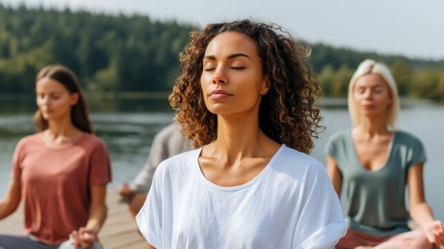 Group of diverse women and a man meditating in nature by a lake, practicing yoga for wellness and tranquility.