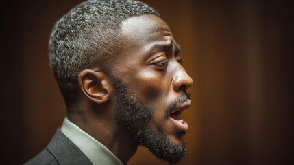 A close-up shot depicts a man with graying hair and a full beard, looking to the side with an open mouth, possibly speaking or reacting.