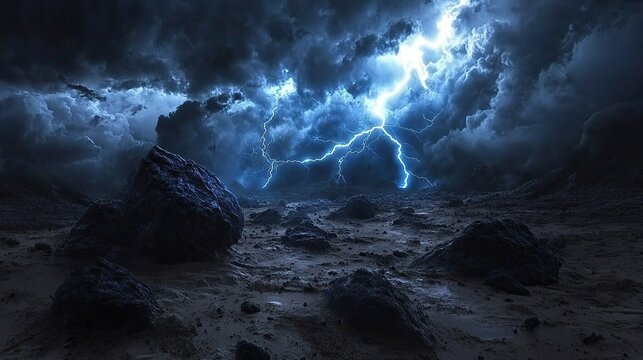 concept art of an alien planet with lightning and dark clouds, blue lightening in the sky, black rocks