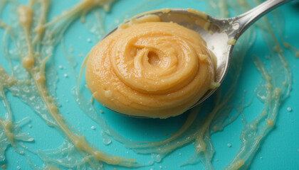 Spoonful of Creamy Peanut Butter on Teal Background .