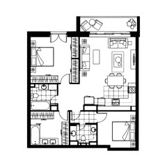 Architectural plan icons of a house in top view. Floor plan with furniture.
