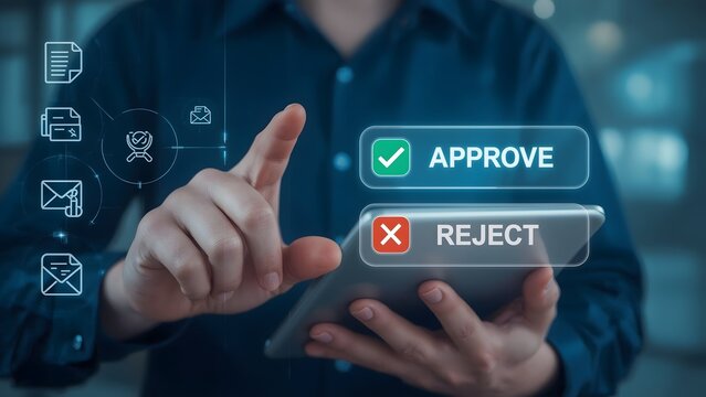 Approval and rejection interface concept with document icons and finger pressing green check mark. Ideal for digital workflow, decision making, business automation, and document review themes.