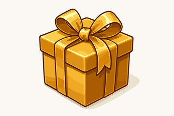 Obraz premium Shiny gold gift box with elegant ribbon bow, luxury present packaging, festive celebration decoration, cartoon vector illustration on white background, holiday birthday surprise, anniversary gift