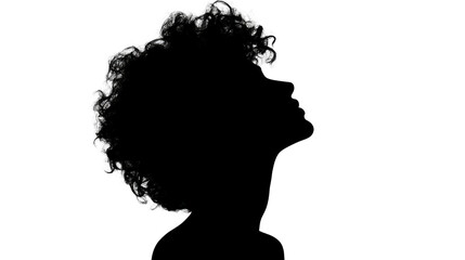 Silhouette of a person with curly hair profile isolated on white background minimal black shadow figure