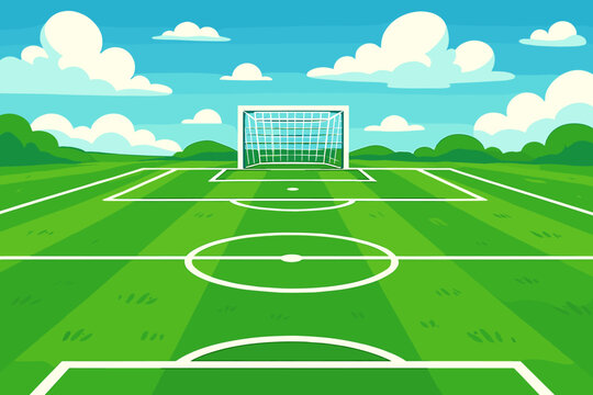 Vibrant green soccer field with fresh white boundary lines, sunny sky, goalpost and striped grass pitch. Vector cartoon sports stadium background, outdoor football match landscape, no text - Powered by Adobe