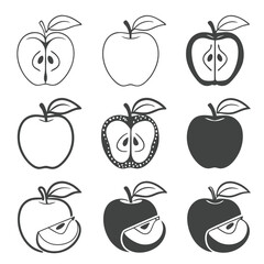 Nine Apple Variations Line Art Grey Scale Icons apples