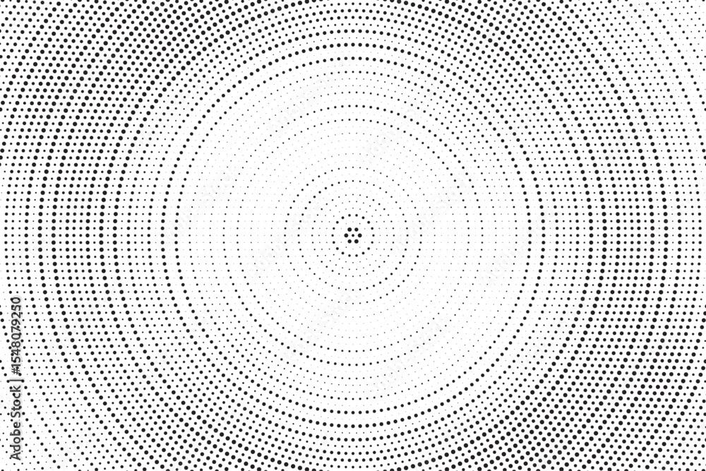 Aufkleber Radial halftone gradient background. Dotted concentric texture with fading effect. Black and white circle shade wallpaper. Grunge rough vector. Monochrome backdrop	