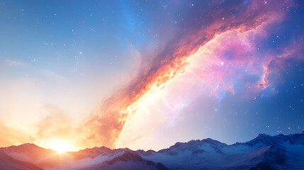 A breathtaking view of a cosmic landscape featuring colorful nebulae and majestic mountains under a vibrant sky.