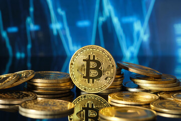 Bitcoin Coins on Reflective Surface With Cryptocurrency Market Trends in Background