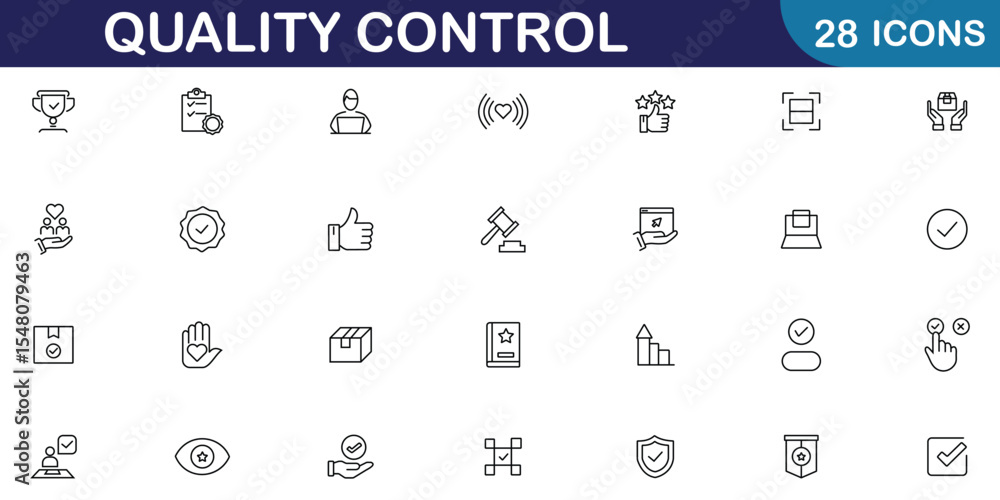 Poster quality control line icon set. quality check computing icons for web and mobile app. production, qua