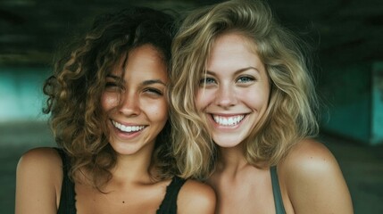 Fototapeta premium Two smiling women with diverse skin tones share a moment of joy, close-up and radiant.
