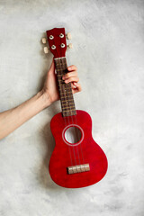Hand is holding red small guitar ukulele. Musical instrument