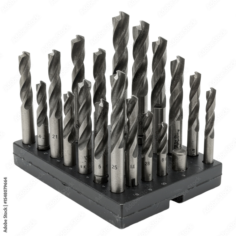 Poster a comprehensive polished metallic hss twist drill bit set of varying sizes, perfectly arranged on a 