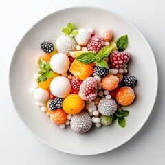 Colorful mix of frozen fruits and berries with frosty texture, served in a white bowl with mint leaves. Perfect for healthy food, dessert, or summer freshness concepts.