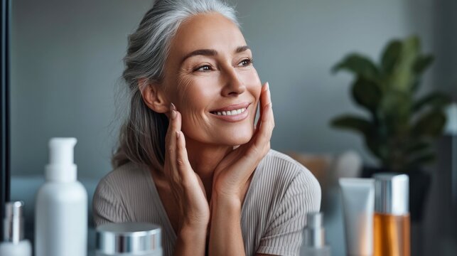 A beautiful mature woman with gray hair looks to the side with a gentle smile while touching her face, suggesting skincare.