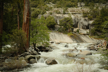 Cascading Rocky River Atop Vernal Falls in Yosemite Mountaintops
