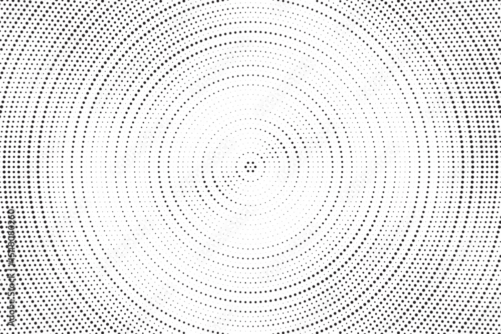 Aufkleber Radial halftone gradient background. Dotted concentric texture with fading effect. Black and white circle shade wallpaper. Grunge rough vector. Monochrome backdrop	
