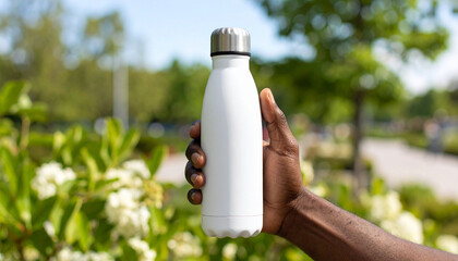 Close-Up of Hand Holding White Reusable Stainless Steel Thermo Water Bottle on Neutral Background

